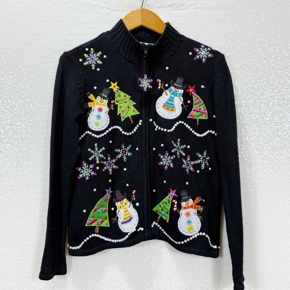 Carly St. Claire Snowman Christmas Sweater PM Black Zip Up Embellished